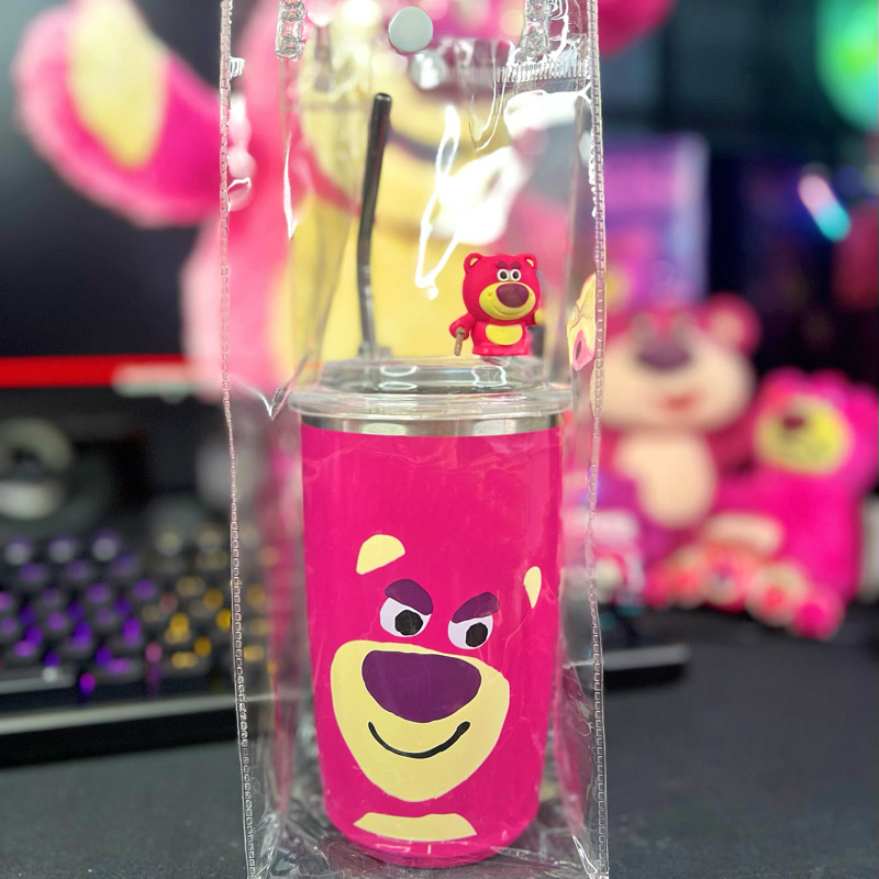 Cốc gấu dâu Losto, ly giữ nhiệt tiện dụng kèm ống hút bằng thép không gỉ dung tích 450ml -tặng kèm túi trong