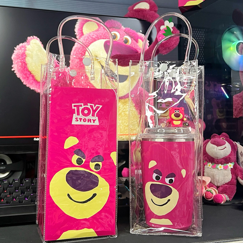 Cốc gấu dâu Losto, ly giữ nhiệt tiện dụng kèm ống hút bằng thép không gỉ dung tích 450ml -tặng kèm túi trong