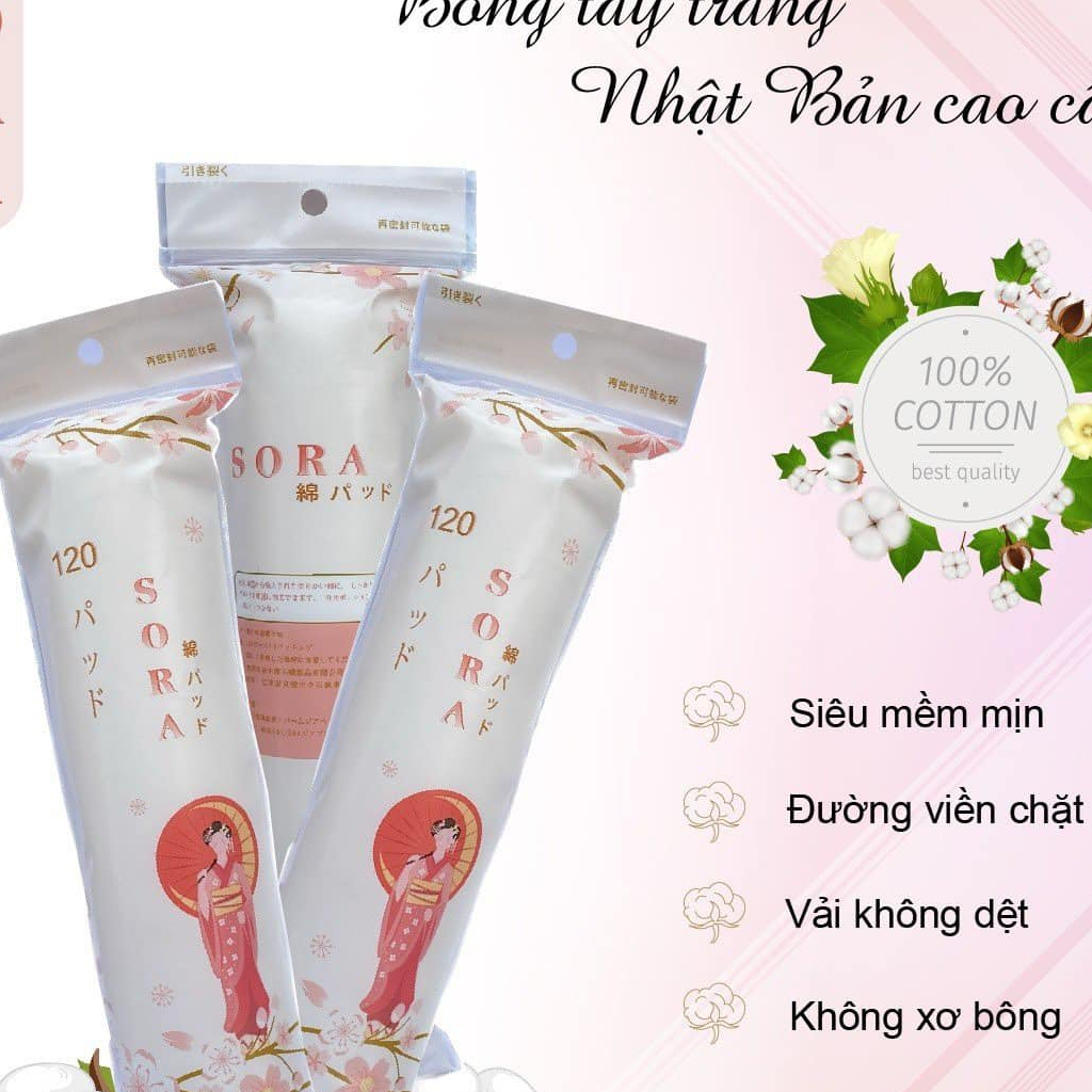 Bông tẩy trang chất cotton mềm mịn, không xơ bông Sora 120 miếng