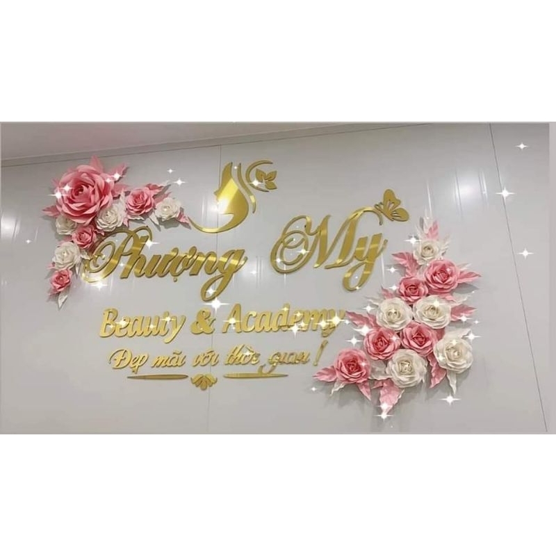 sét hoa giấy tông hồng kem, trang trí cửa hàng spa