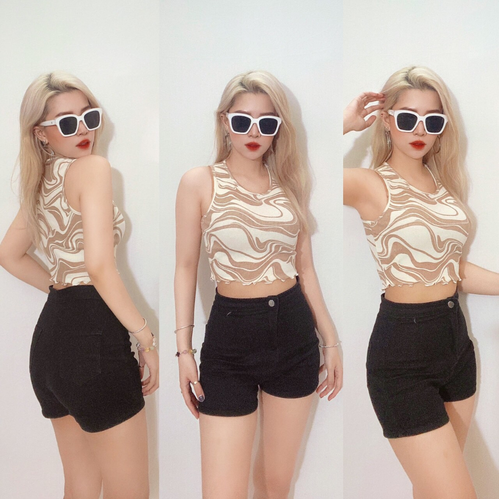 Áo thun ba lỗ, Croptop 3 lỗ ngắn in hình họa tiết đơn giản, sexy