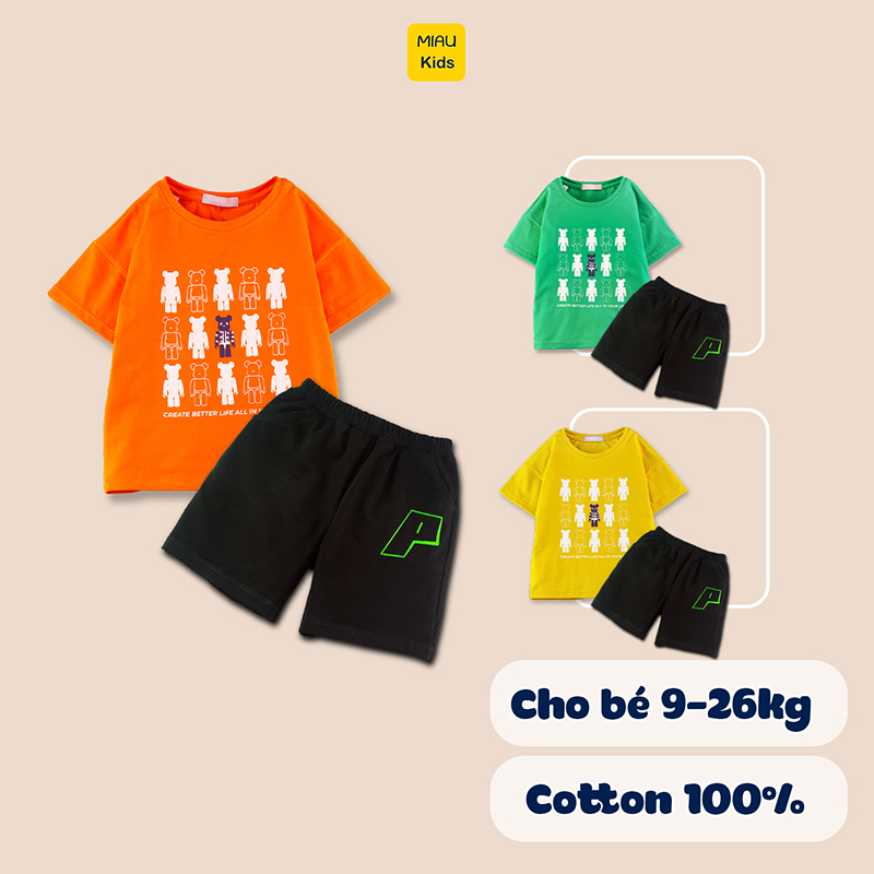 Bộ bé trai In Hình Gấu Temi Chất Thun Cotton Co giãn thấm hút Cho bé mặc đi học đi chơi - Quần áo trẻ em MiauKids