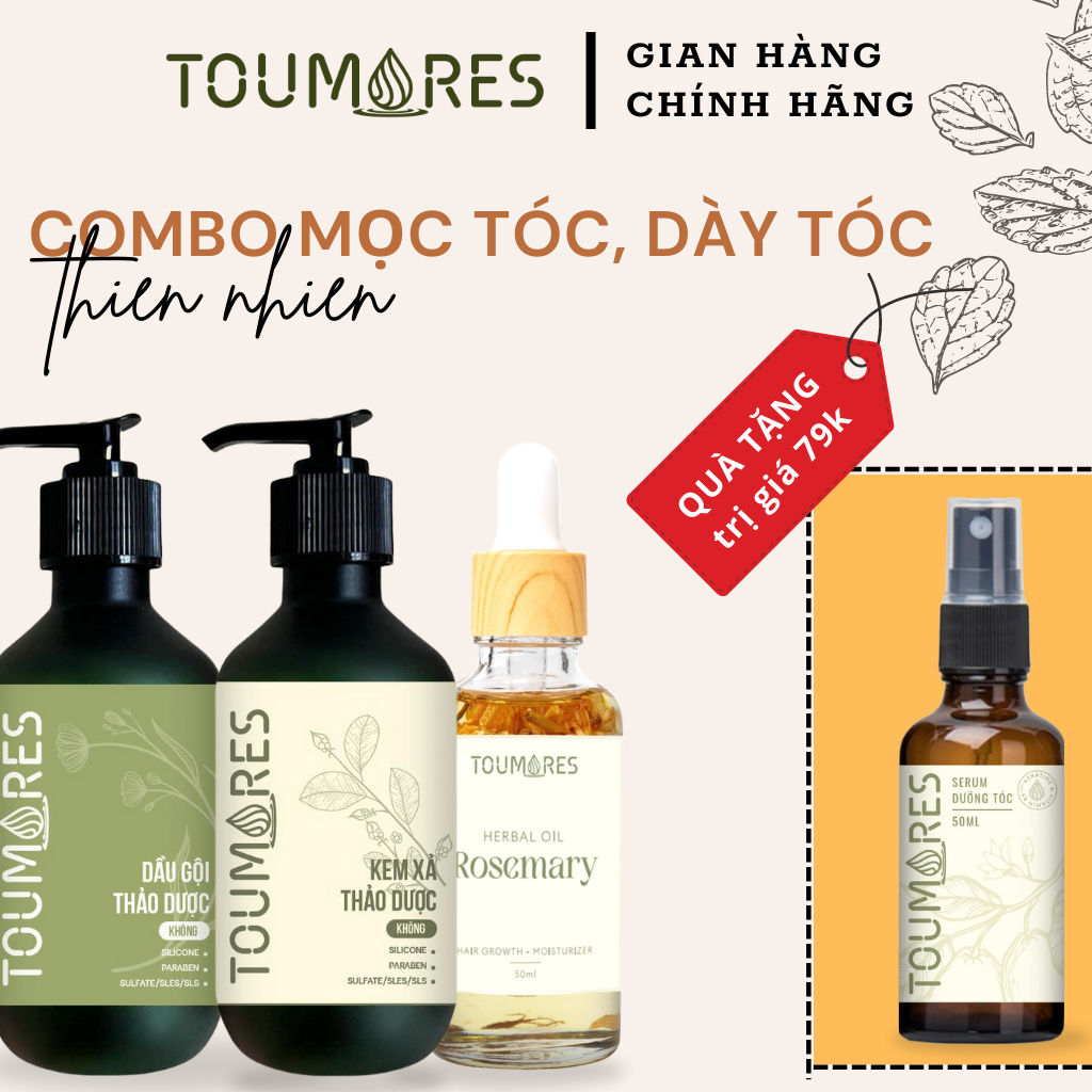 Combo dầu gội xả thảo dược dày tóc mọc tóc nhanh dài, nuôi dưỡng da đầu, tóc chắc khỏe suôn mềm vào nếp TOUMORES
