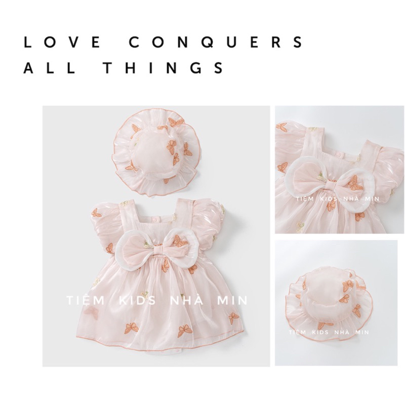 Đầm bodysuit cho bé gái TIỆM KIDS NHÀ MIN, đầm vải tơ lụa màu hồng kèm nón