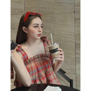 Áo sơ mi 2 dây kẻ đỏ