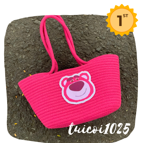 Túi tote đan gấu dâu lotso bear đeo vai kích thước lớn đa dạng, túi xách tay gấu dâu làm từ sợi bông cho nữ, túi dâu