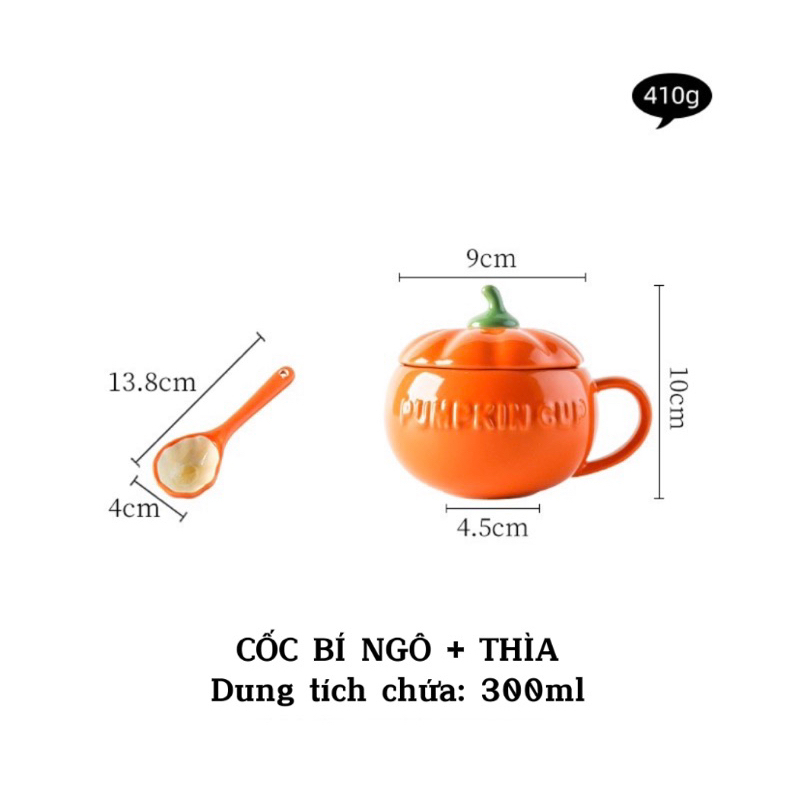 CỐC SỨ DECOR HÌNH BÍ NGÔ & CÀ CHUA KÈM THÌA SỨ & NẮP ĐẬY