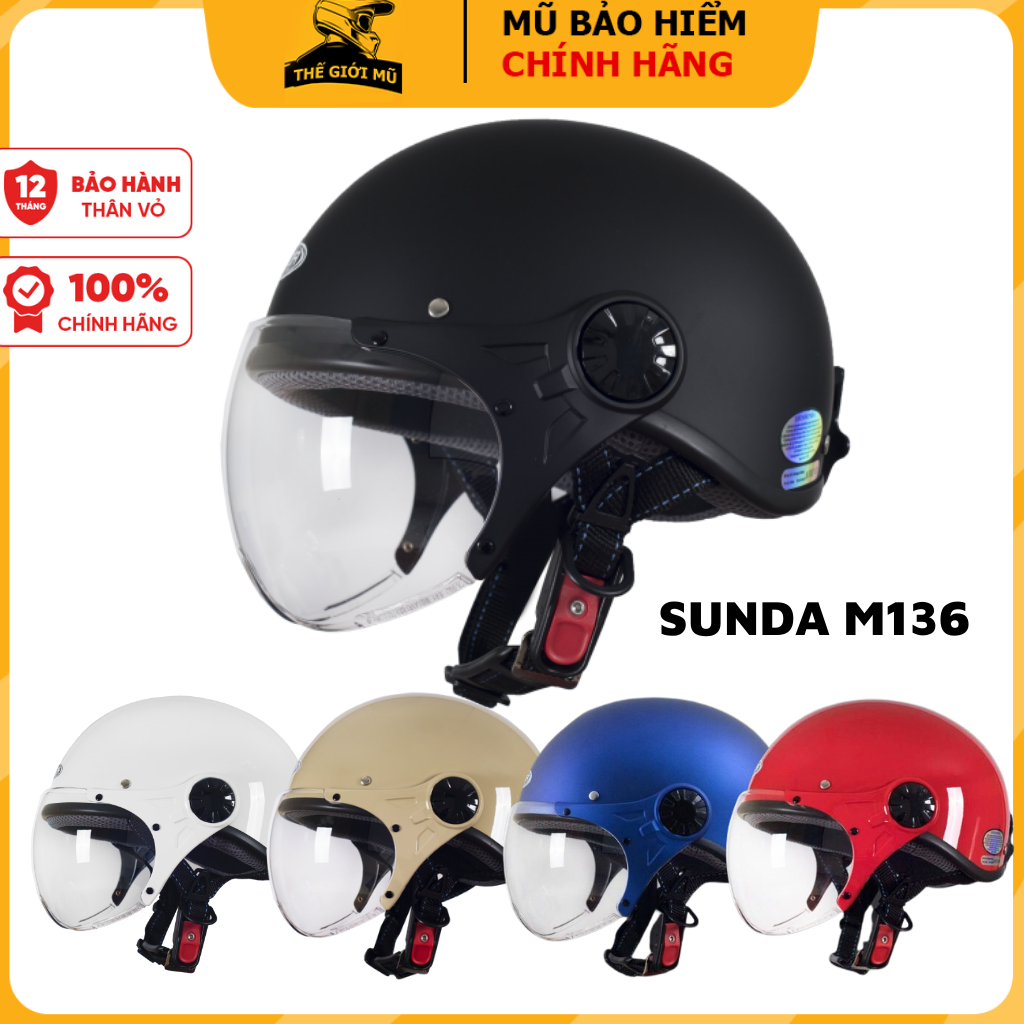 Mũ bảo hiểm nửa đầu SUNDA 136 vòng đầu 56-62cm,nón bảo hiểm 1/2 có kính hàng chính hãng,bảo hành 12 tháng