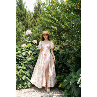 Đầm maxi nhún ngực tay bồng chất liệu thô in hoa The Peachy- Veera Dress Hoa