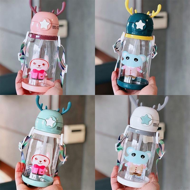 Bình Uống Nước Cho Bé Dung tích 600ml Hình Con Hươu Có Ống Hút
