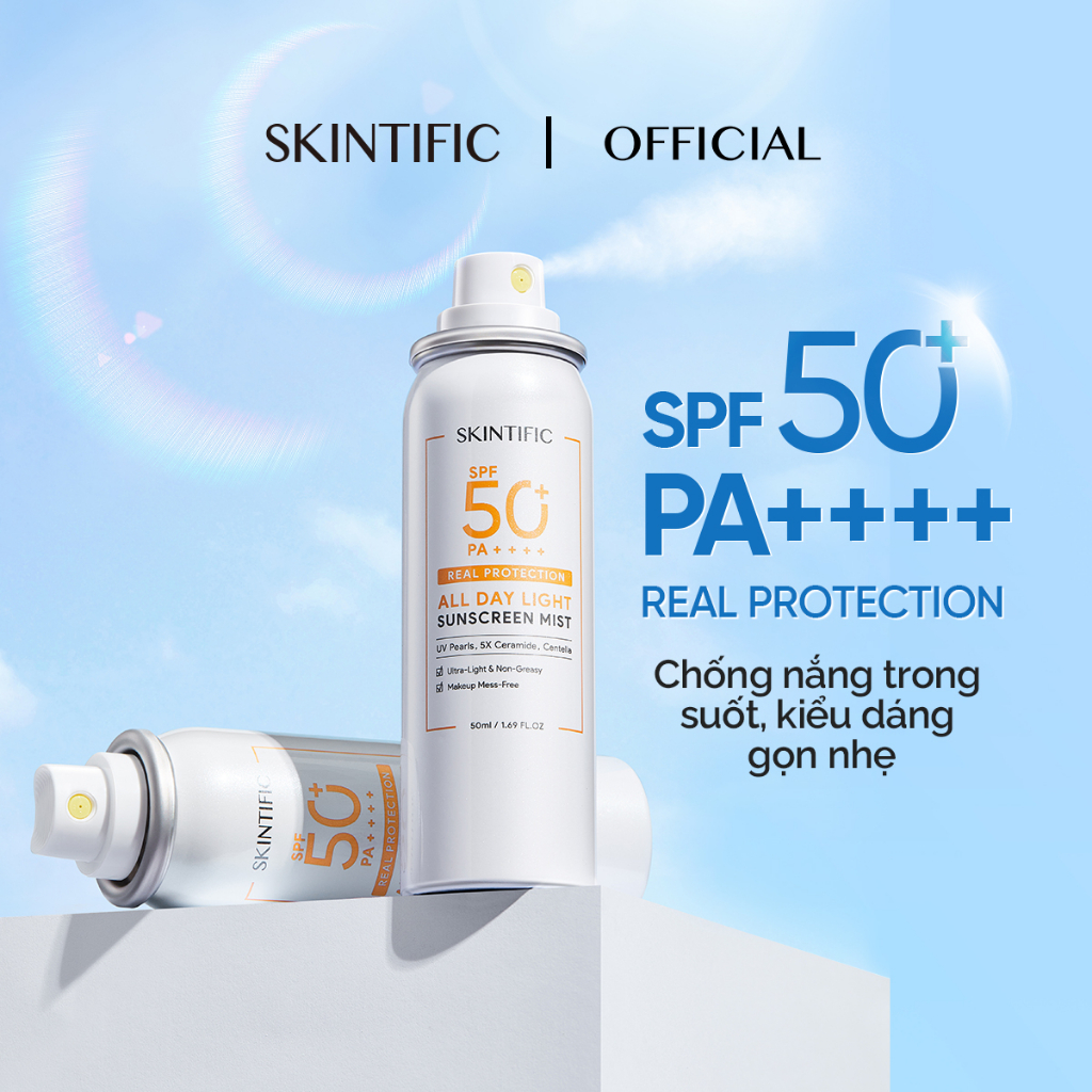 Bộ đôi Xịt chống nắng SKINTIFIC SPF50 PA++++ chống tia cực tím cho mặt và cơ thể giúp bảo vệ da suốt cả ngày 50ml