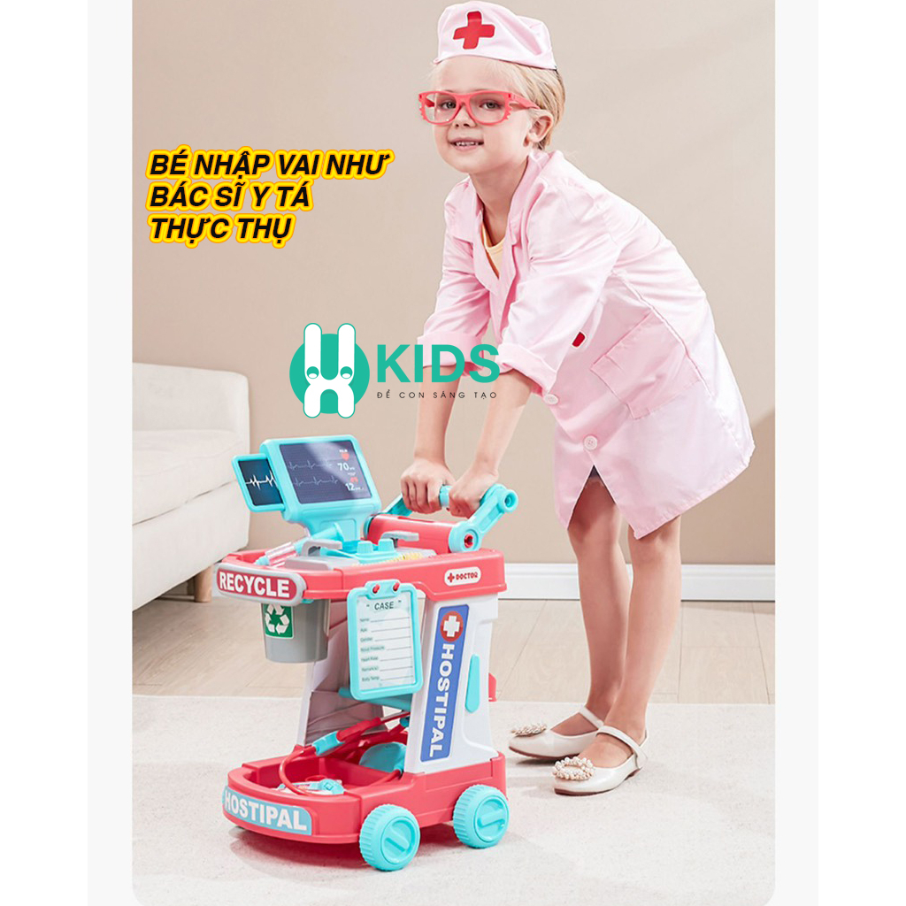 Đồ chơi xe đẩy dụng cụ thiết bị y tế  nhập vai bác sĩ y tá cao cấp cỡ lớn cho bé gái bé trai có đầy đủ phụ kiện đi kèm