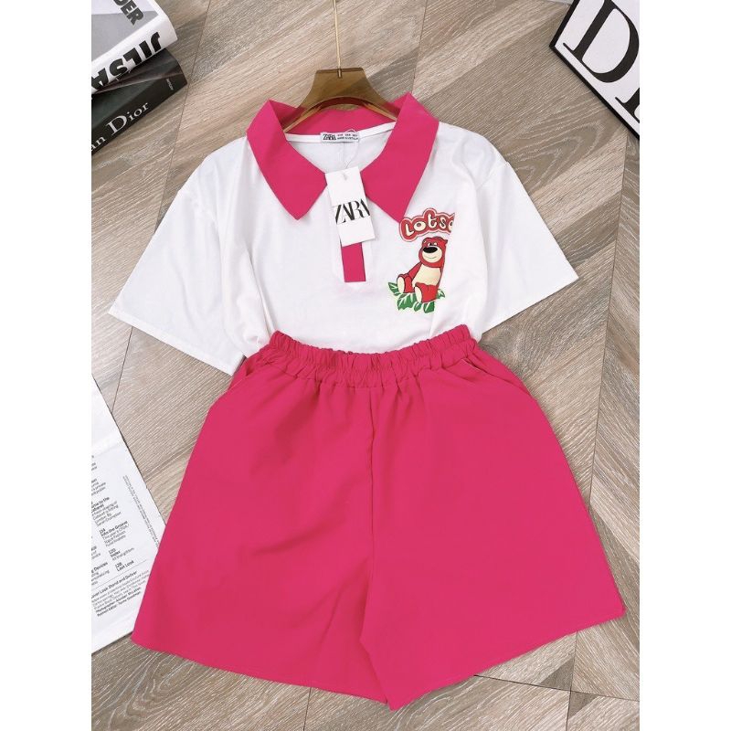 SET BỘ ĐỒ NỮ ÁO PHÔNG POLO IN HÌNH GẤU HỒNG LOTSO Mịn Mát Đa Dạng Màu Sắc