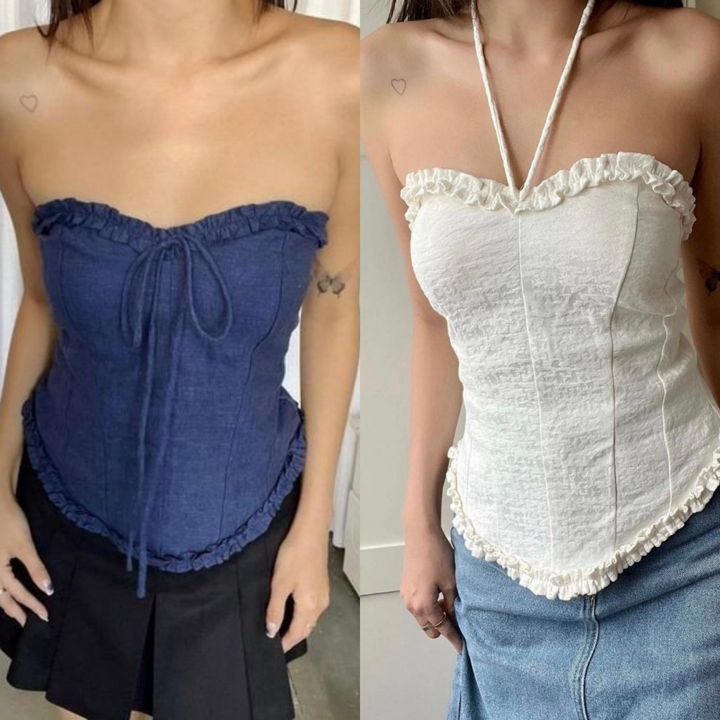 Áo ống cổ yếm cột dây vải in nổi cao cấp