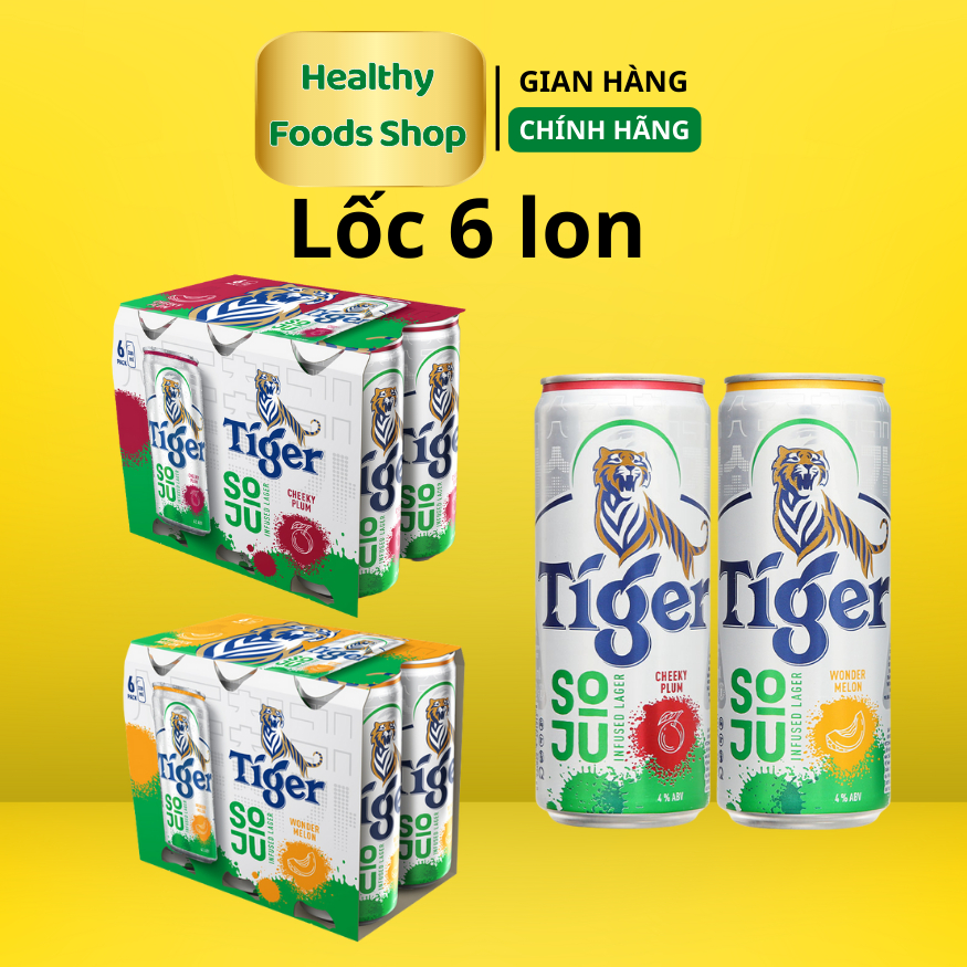 Lốc 6 lon Bia Soju Tiger Vị Dưa Lưới &amp; Mận 330ml/lon - Lot of 6 cans of Tiger beer soju Wonder Melon &amp; Cheeky Plum