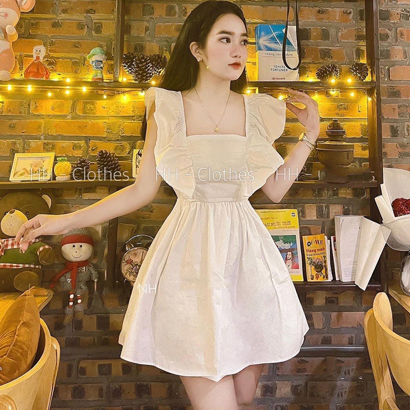 Váy đầm nữ,váy babydoll 2 dây, váy chất thô hàng may kỹ, cổ vuông phong cách kiểu dáng hàn quốc