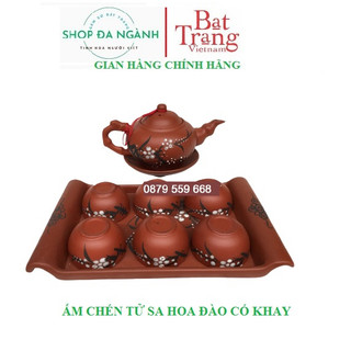 Bộ ấm chén tử sa hoa đào có khay đồng bộ, gốm Bát Tràng