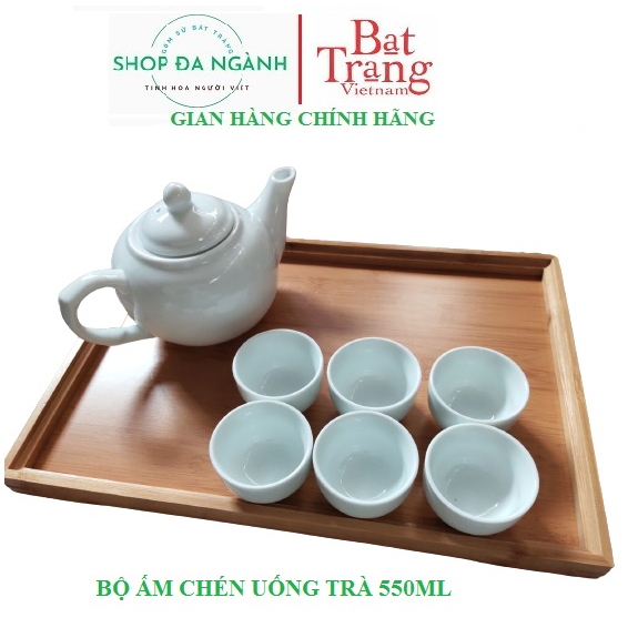 Bộ ấm chén uống trà, bộ ấm chén Bát Tràng dáng bẹt cỡ vừa dung tích 550ml, chén không tai (không quai)