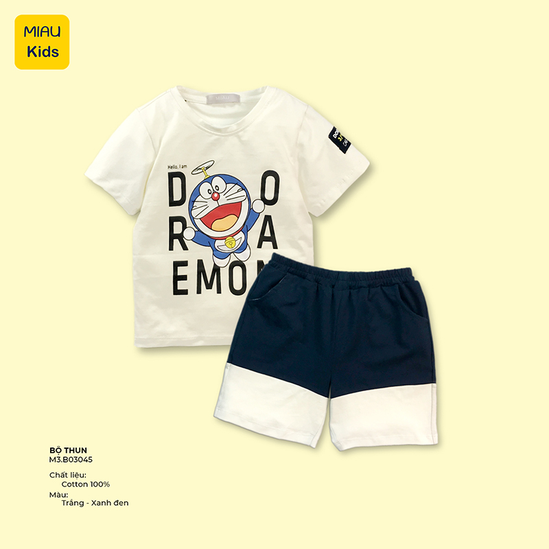 Bộ Bé Trai Họa tiết Doraemon, Khủng Long, Xe Ô tô đáng yêu Chất thun Cotton co giãn thoáng mát cho bé mặc đi học đi chơi