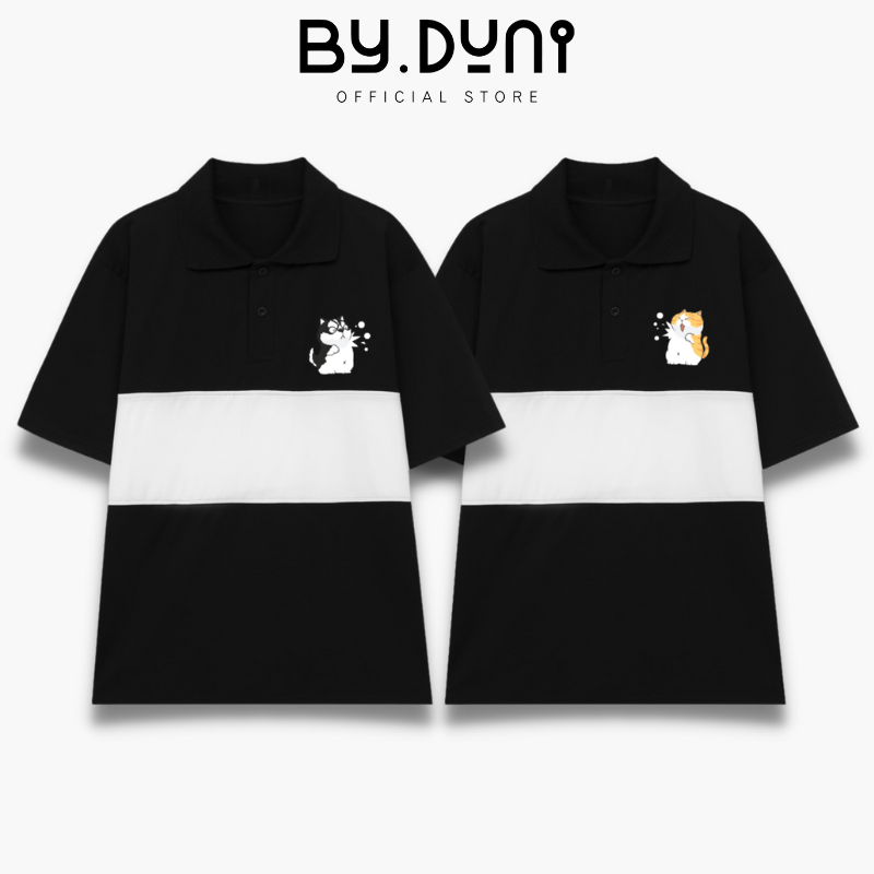 Áo polo cặp đôi nam nữ form rộng Local Brand đen phốí trắng unisex, áo cặp bạn thân vải cá sấu BY.DUNI Chó mèo tuyết