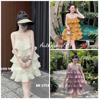  Váy 2 dây đi biển nữ dập ly viền bèo nhiều tầng sóng dáng suông ngắn sexy bánh bèo 