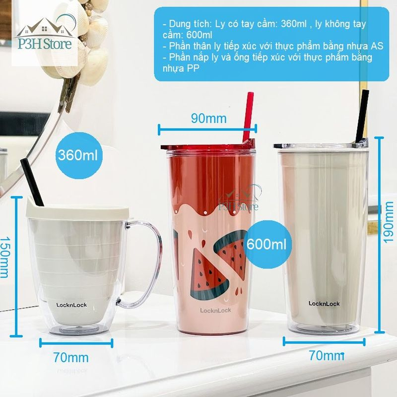 Ly nhựa 2 lớp LocknLock Cold Cup 360ml/600ml kèm ống nắp trượt đóng mở HAP523IVY 524RED HAP525IVY