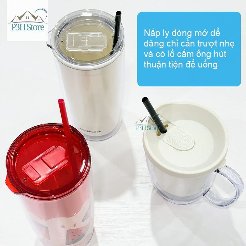 Ly nhựa 2 lớp LocknLock Cold Cup 360ml/600ml kèm ống nắp trượt đóng mở HAP523IVY 524RED HAP525IVY