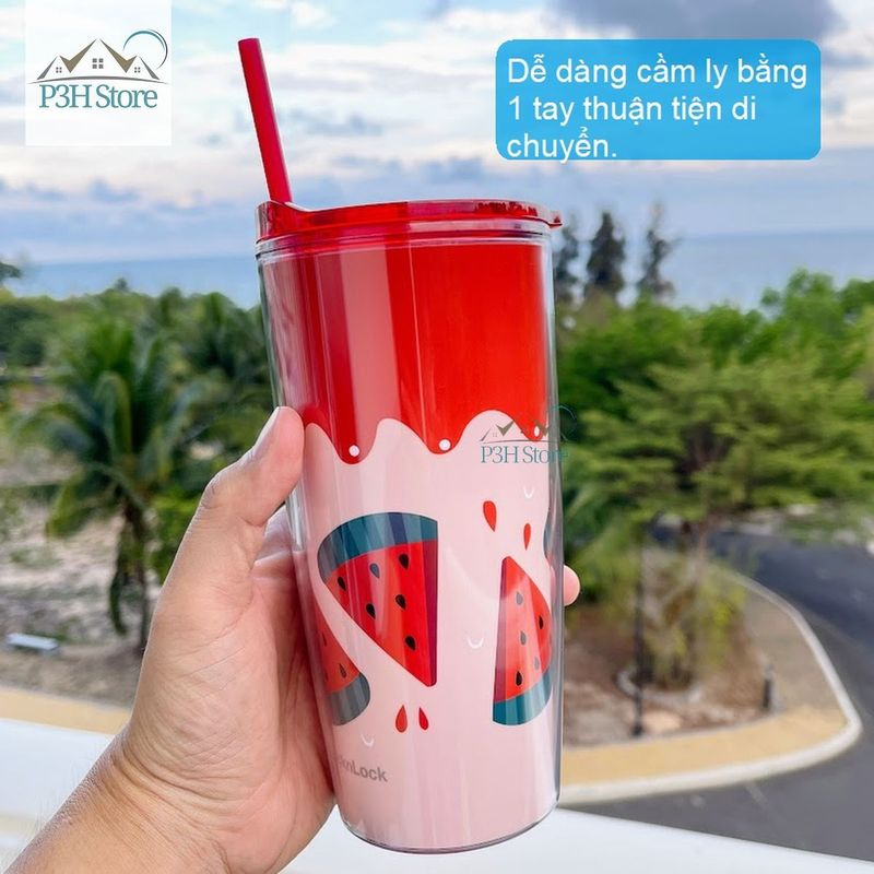 Ly nhựa 2 lớp LocknLock Cold Cup 360ml/600ml kèm ống nắp trượt đóng mở HAP523IVY 524RED HAP525IVY