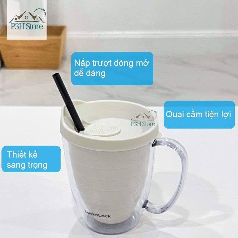 Ly nhựa 2 lớp LocknLock Cold Cup 360ml/600ml kèm ống nắp trượt đóng mở HAP523IVY 524RED HAP525IVY