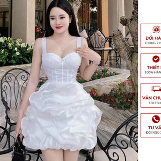 Đầm dự tiệc chất liệu Tafta màu TRẮNG/ĐEN, Váy 2 dây thiết kế cúp ngực phối tơ bồng xòe đính keo tôn dáng
