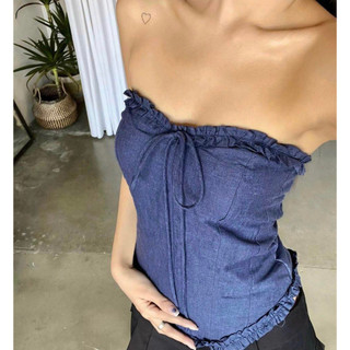 ( Chang Dress ) Áo ống croptop demin cột dây