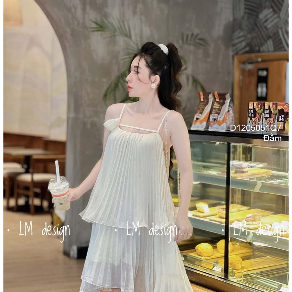 Đầm kiểu 2 dây dập ly phối đính hoa dây ngang ngực hai tầng!