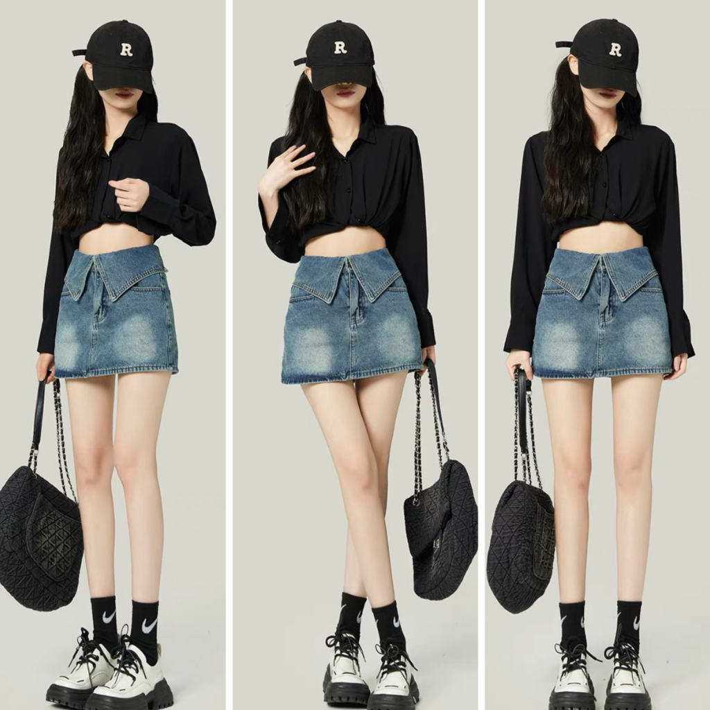 Chân váy jean bò nữ cổ Bẻ cao cấp kèm quần trong, chân váy bò dáng chữ a MV003