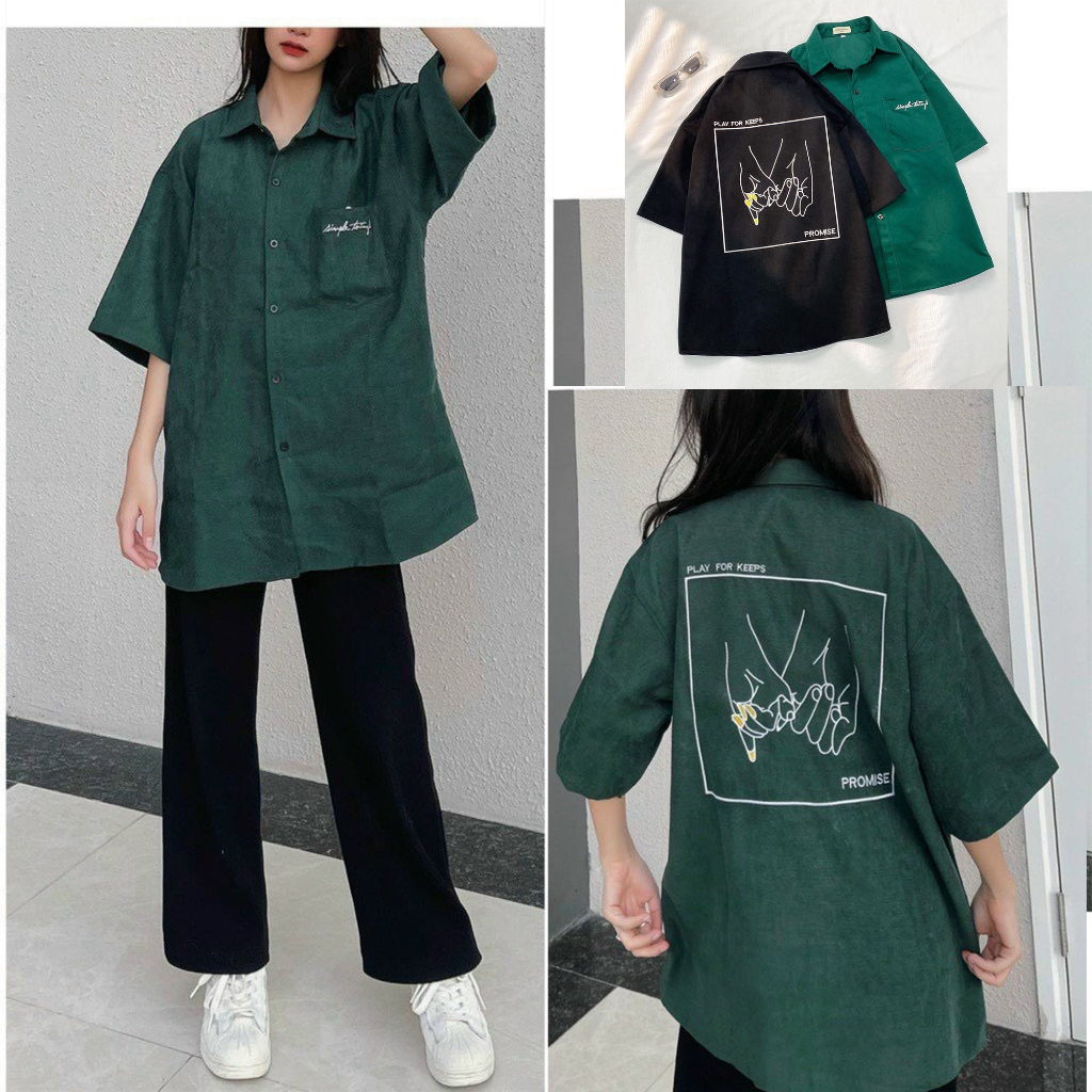 Áo Sơ Mi Nhung Tăm Đen, Xanh Lá In Thêu Chữ SIMPLE THINGS Cực Chất