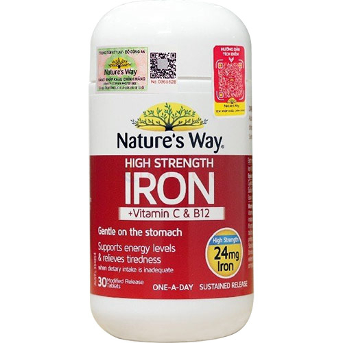 Viên uống Nature's Way High Strength Iron + Vitamin C & B12 bổ sung sắt hữu cơ (30 viên)