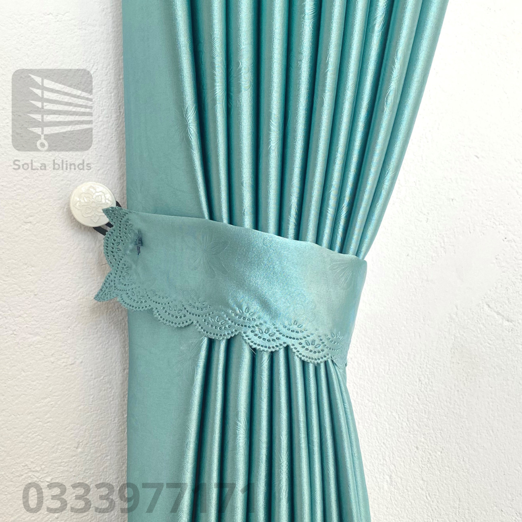 Rèm cửa chống nắng màu xanh ngọc họa tiết bông nhỏ may hoàn thiện có độ nhún kích thước tùy chọn màn rèm Sola | BigBuy360 - bigbuy360.vn