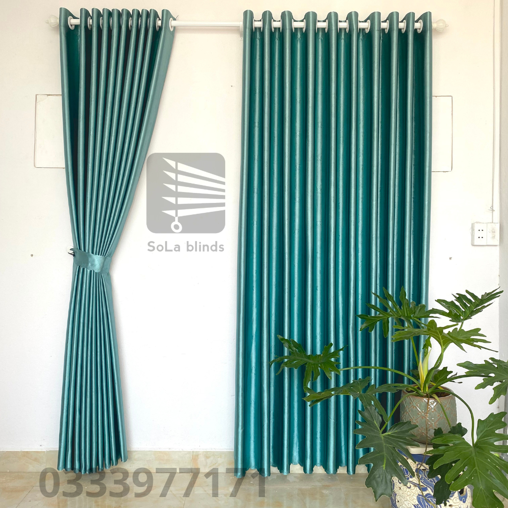 Rèm cửa chống nắng màu xanh ngọc họa tiết bông nhỏ may hoàn thiện có độ nhún kích thước tùy chọn màn rèm Sola | BigBuy360 - bigbuy360.vn
