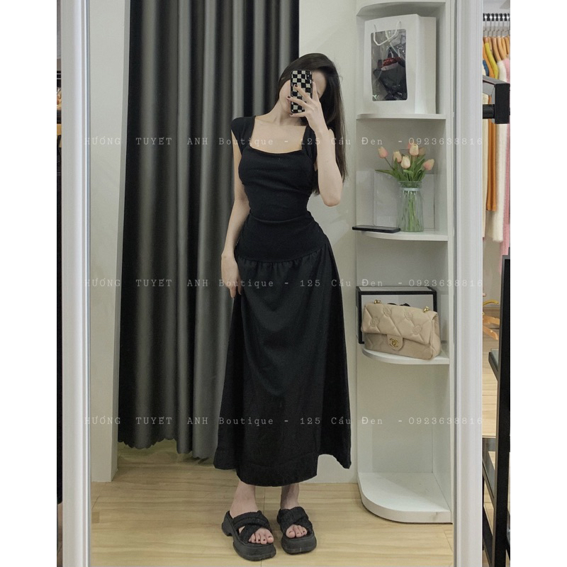 Đầm 2 dây bảng lớn dáng dài xoè nhún eo buộc nơ