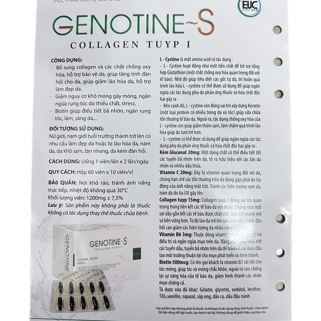 Viên uống GENOTINE-S bổ sung Collagen, Lcystine chống lão hóa, trắng da, đẹp da, cải thiện sạm nám