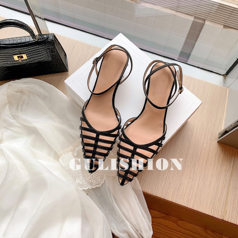 Giày mũi nhọn đan lưới gót gỗ quai mảnh vintage- ORD