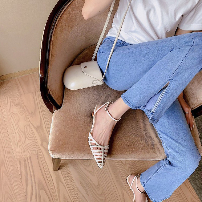 Giày mũi nhọn đan lưới gót gỗ quai mảnh vintage- ORD