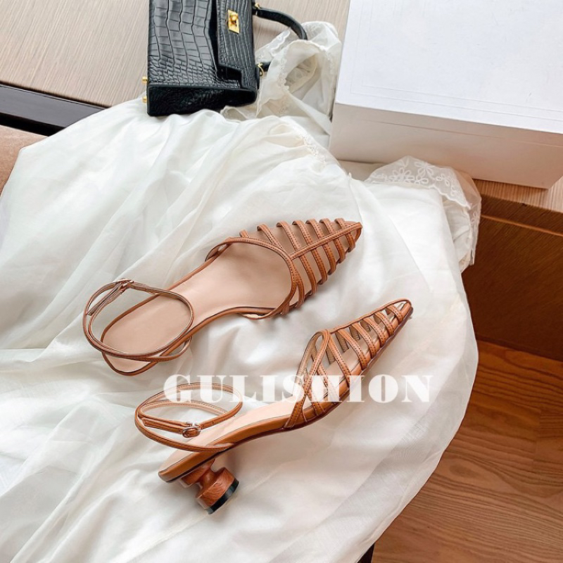 Giày mũi nhọn đan lưới gót gỗ quai mảnh vintage- ORD