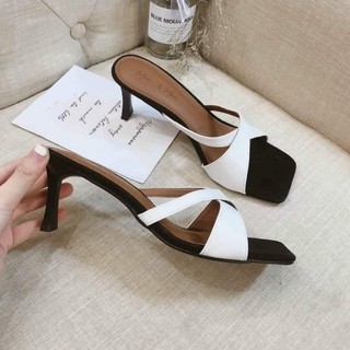 guốc gót nhọn da mờ mũi vuông