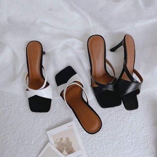 guốc gót nhọn da mờ mũi vuông