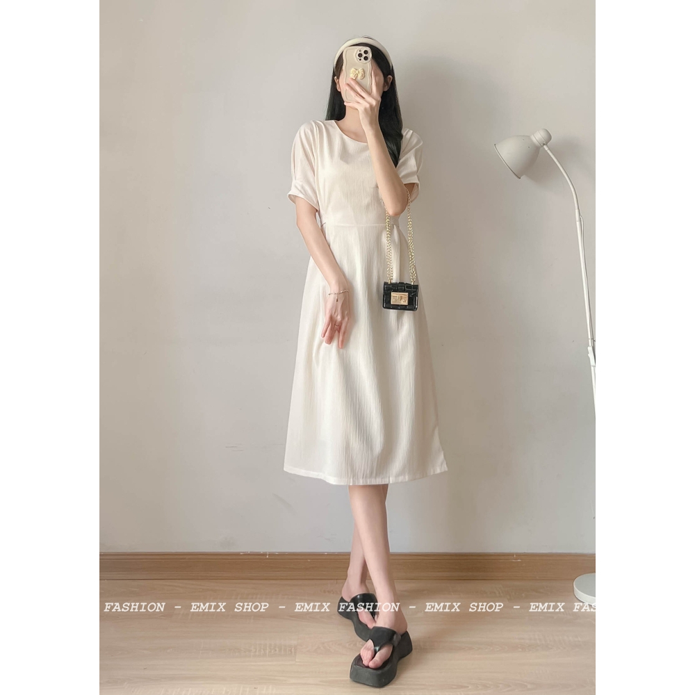 Váy suông cổ tròn 2 lớp EMIX, đầm chất đũi sần nơ eo, phong cách basic, dáng dài, size dưới 56kg A951