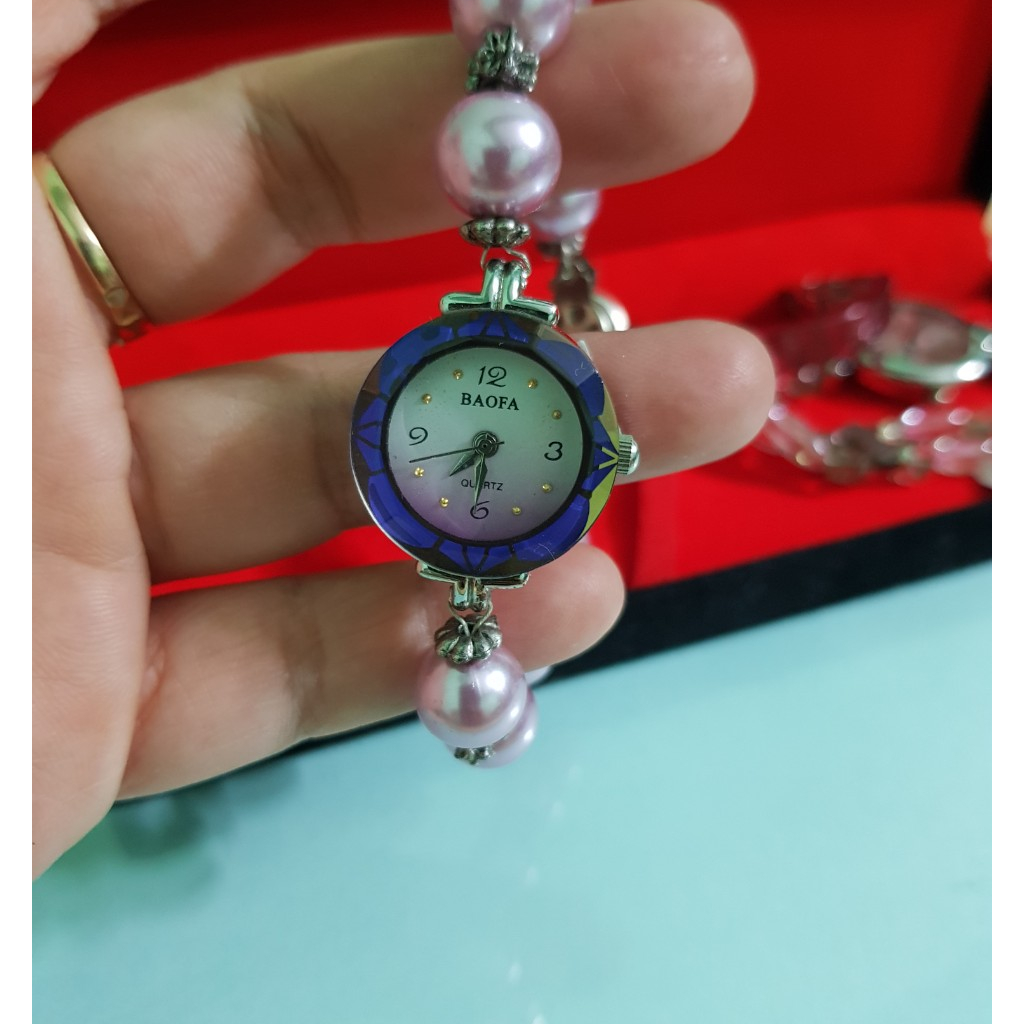 Đồng hồ nữ, hàng si nhật, dây hạt trai màu tím hồng (trai giả ), size mặt 22mm, [ không bao gồm hộp]