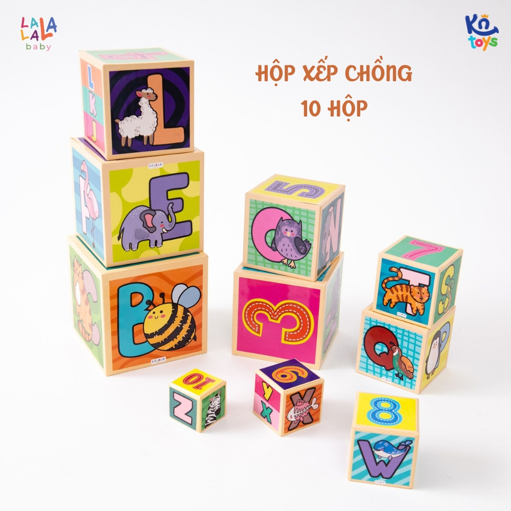Đồ Chơi Tháp Xếp Ch ồng Bụng Bự Hình Khối 10 hộp Cho Bé từ 1-5 tuổi Alphabet Nesting and Stacking Blocks - Lalala Baby