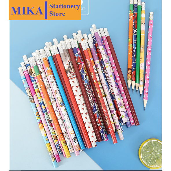 Bút chì MIKA Lẻ 1 cái bằng gỗ họa tiết dễ thương có gôm tẩy dùng để vẽ viết dành cho học sinh sinh viên BC04