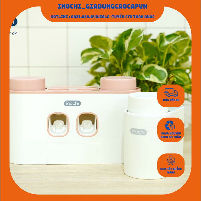 Bộ Nhả Kem Đánh Răng Tự Động Inochi - Kệ Treo Bàn Chải Lắp Đặt Dán Tường Gạch Men Kèm Cốc Hút Nam Châm