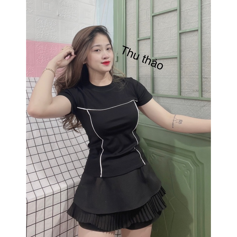 Áo thun body tay ngắn cổ tròn phối viền